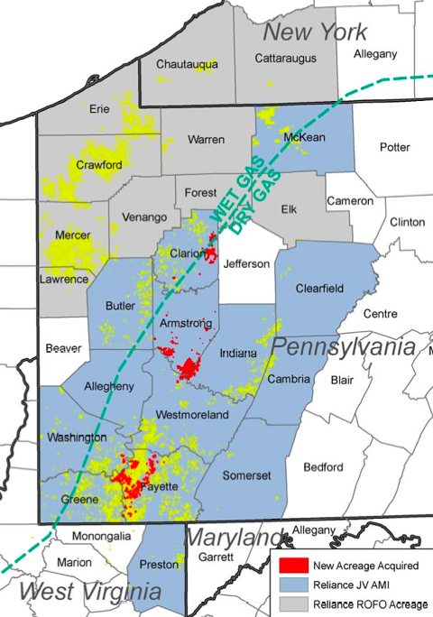 Map depicting boundaries of 2010 Reliance Industries joint venture acreage. Map courtesy of Atlas Energy