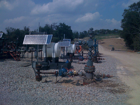 Completed EQT Corp. well head and solar operated telemetry unit located near Waynesburg, PA. Photo credit - Josephine Sabillon